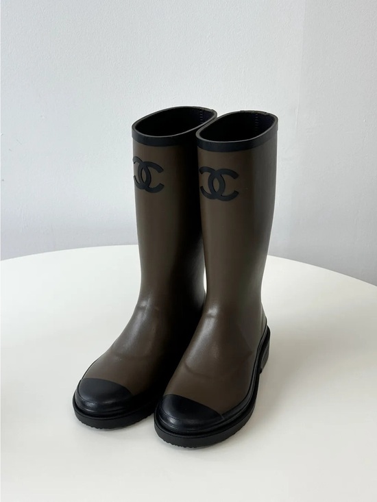 CHANEL Shoes - CHANEL Olive Green and Black CC Rainboots